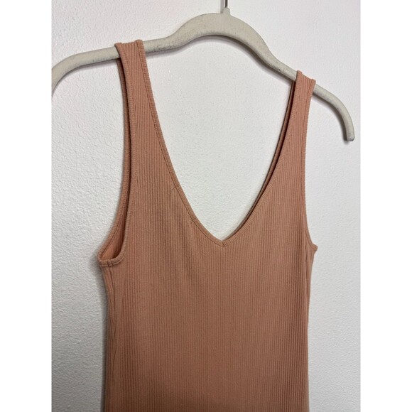 Forever 21 Small Sweater Knit Midi Dress Tan Nude Ribbed V-Neck Bodycon Stretch - Picture 6 of 7